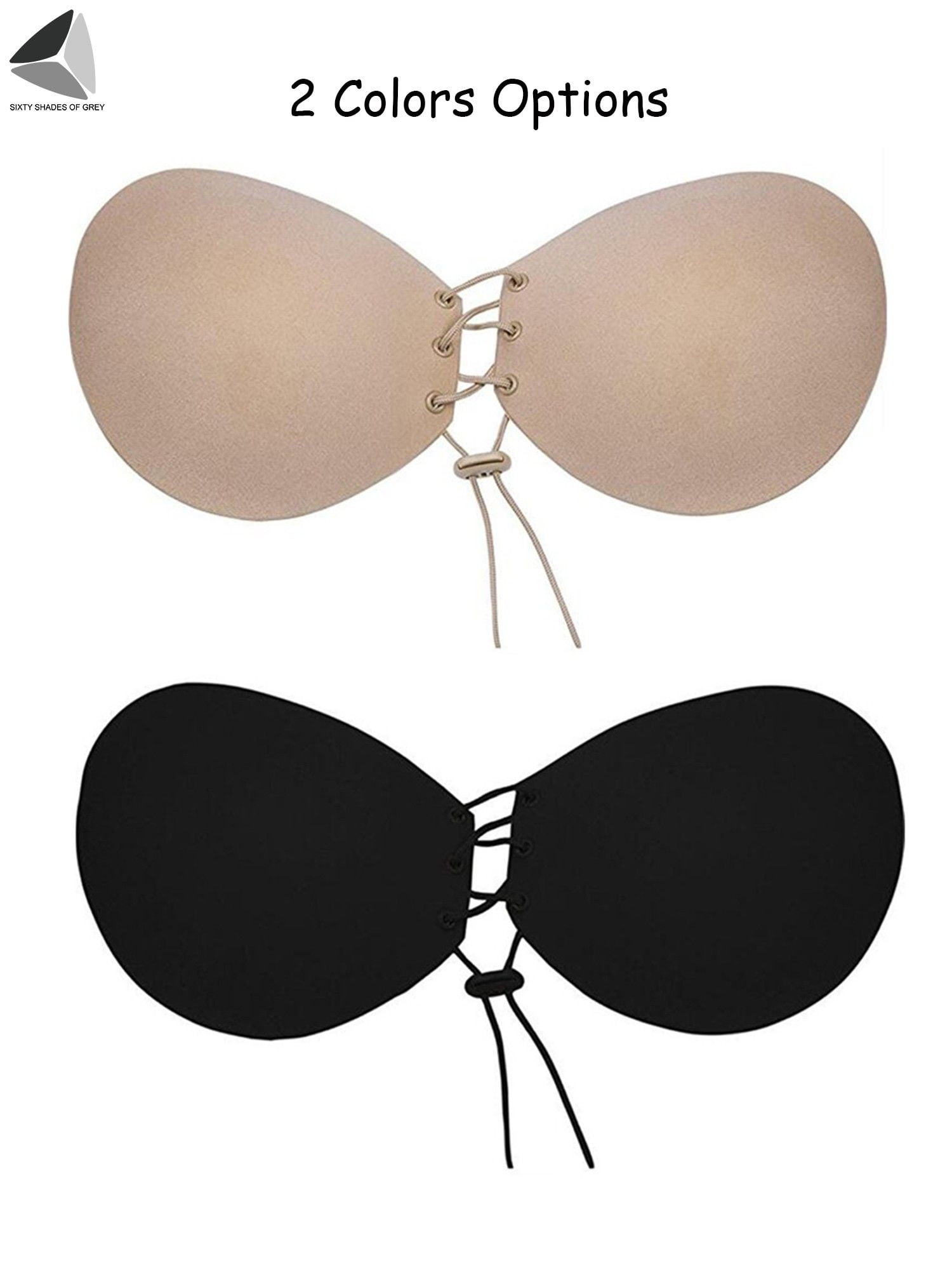PULLIMORE 2 Pairs Push Up Adhesive Bra Chest Gathered V Neck Silicone Bras  Strapless Backless Invisible Bras (Cup C, Black+Skin)