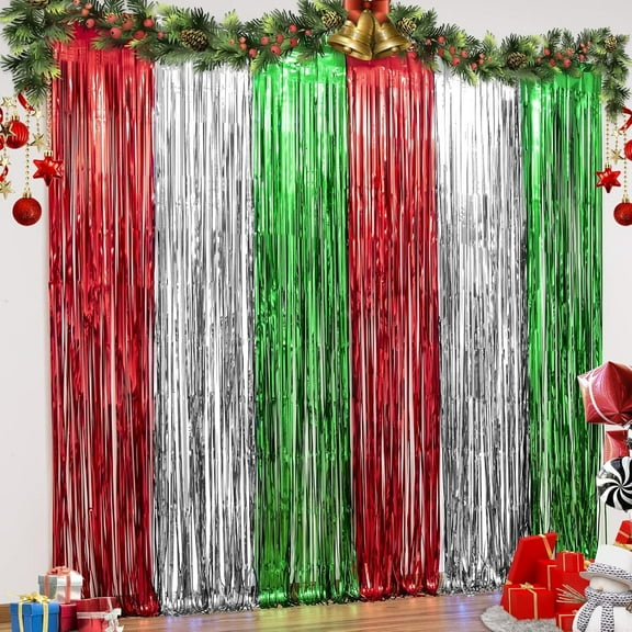GoXteam 2 Pack Foil Fringe Curtains, 3.3x6.6 ft Red Green Silver Fringe Curtains Tinsel Backdrop Streamers for Christmas Party Decorations Indoor Outdoor New Years Eve, Party Supplies