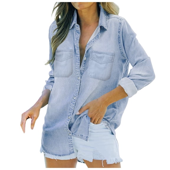 vigerkar Womens Button Down Denim Shirt Casual Long Sleeve Collared Boyfriend Jean Jacket Shacket with Pockets (Light Blue, S)