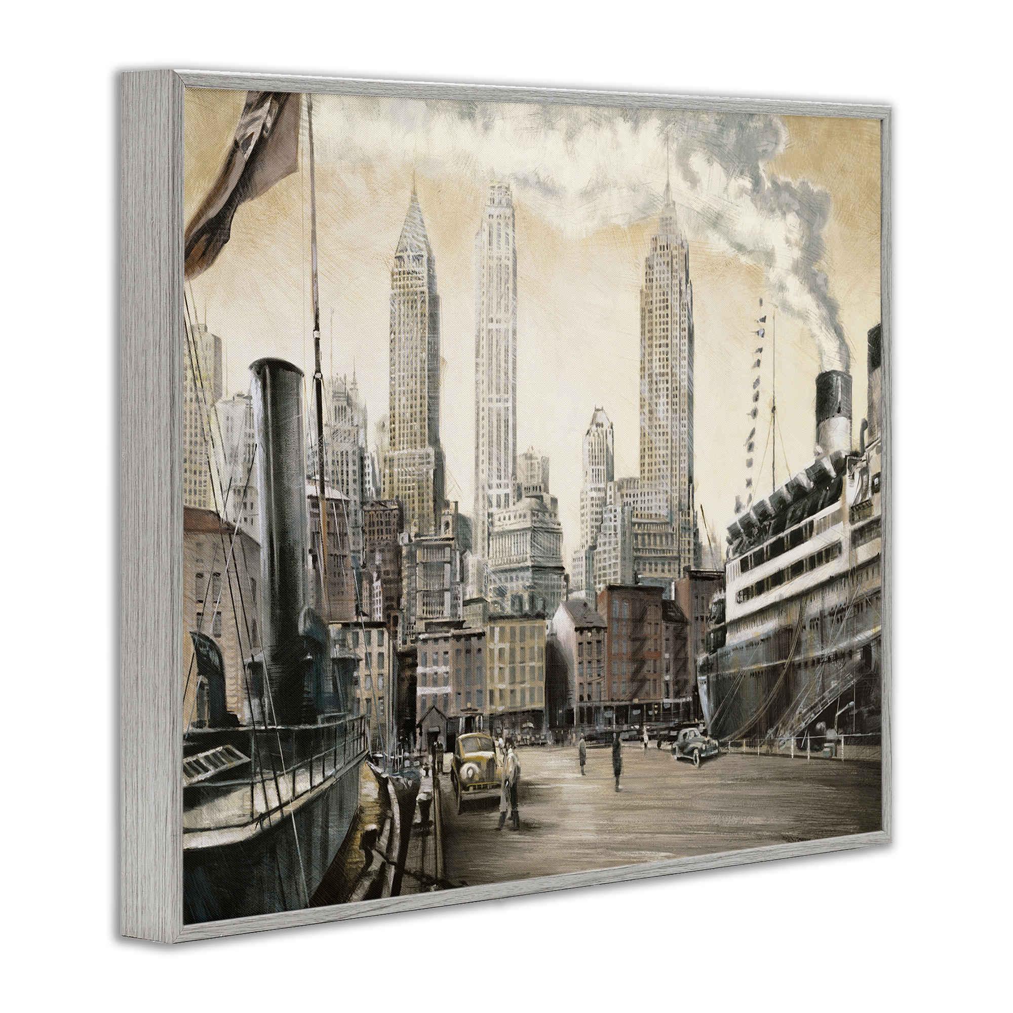 Stupell Industries Urban Boat Harbour Scenery Painting Gray Framed Art Print Wall Art, 30 x 24