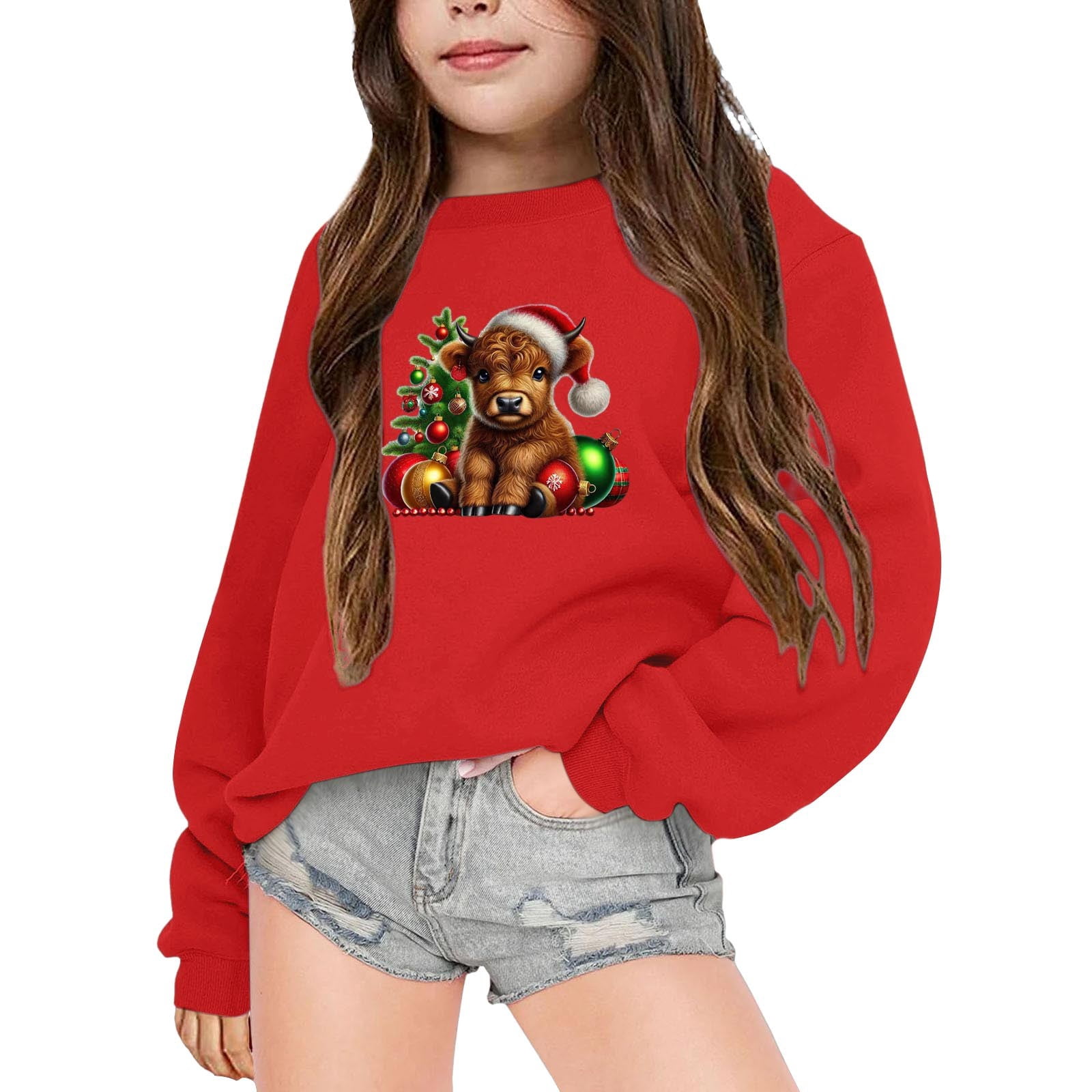 Pull De Noël Enfant à Capuche – Imprimé Vache, Taille 92-150, Garçons Et Filles