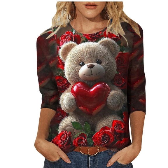 KIHOUT Women's Oversized Valentine's Day Cute Teddy Bear Rose Print Crew Neck 3/4 Sleeve T-Shirt - 95% Polyester 5% Spandex S-5XL Plus Size Casual Pull-On Top