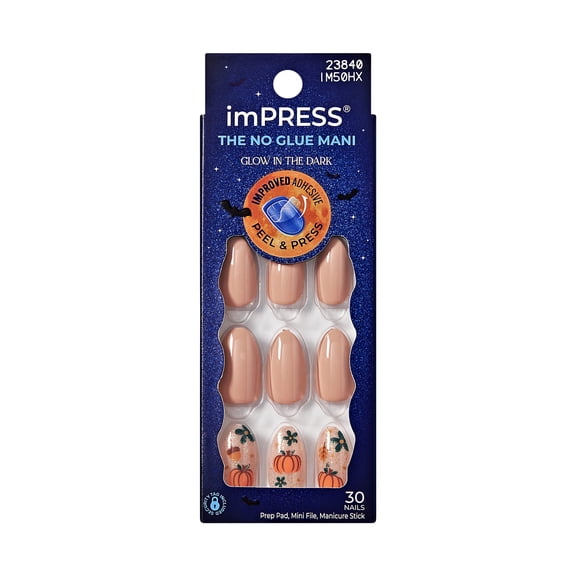 Kiss Impress Press On Nails Almond, Halloween, ‘Dark Aura’, Beige, Medium, 30 Count