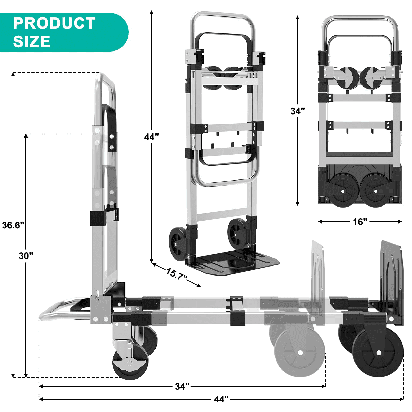 Foldable Hand Truck, 3-in-1 Aluminum Collapsible Dolly Cart with 4 Rubber Wheels and Retractable Handle, Portable Moving Dolly, Black