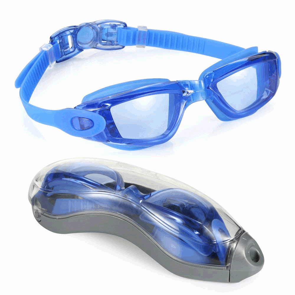 Plastic Carrying Case UV Shield Anti-Fog Swimming Gear BOCCA Swim Goggles BLUE 