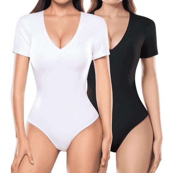 MLDRA 2 Pack Women Body Suit Deep V Neck Short Sleeve Bodysuits Summer Lightweight Tops Black and White