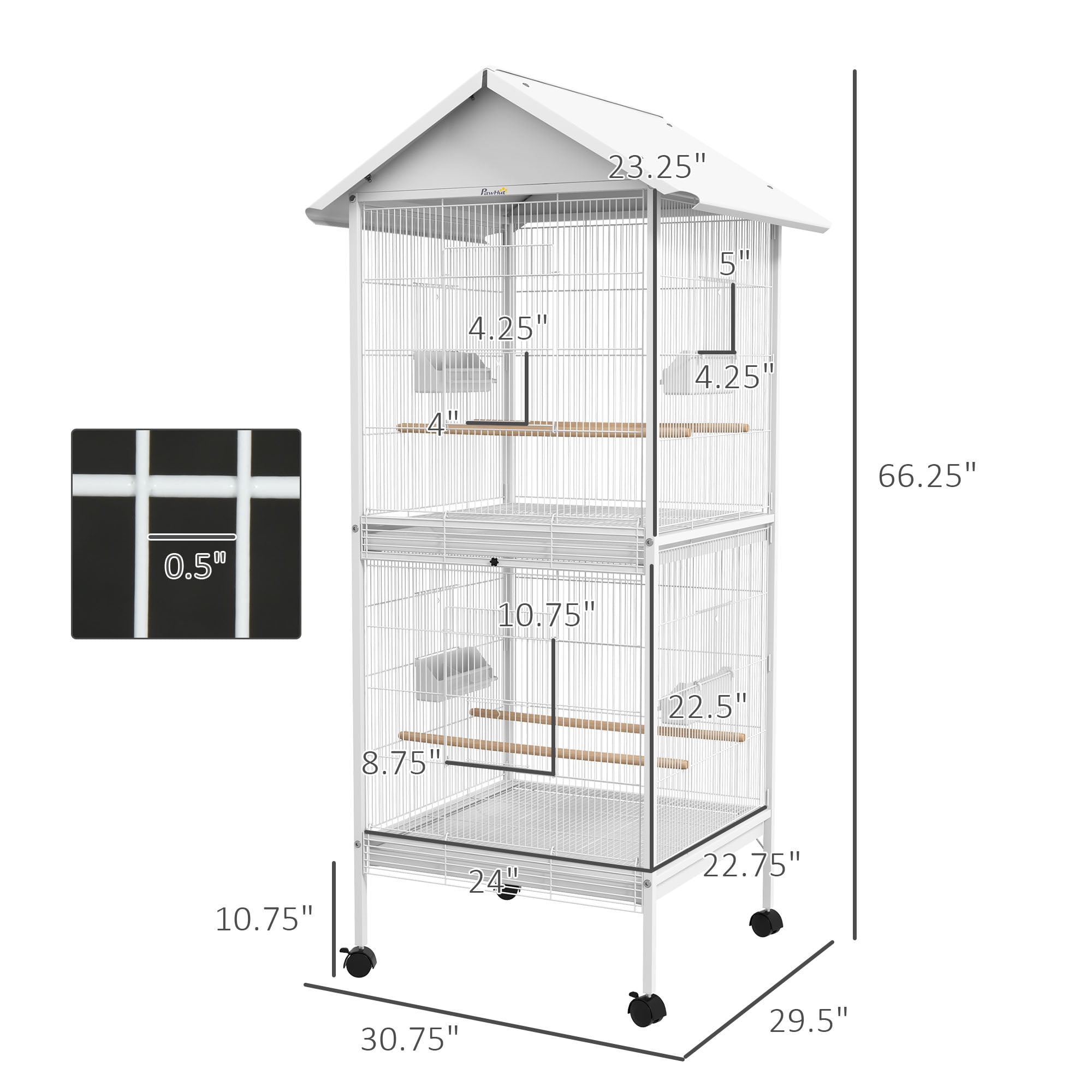 Wrought Metal Bird Cage Feeder with Rolling Stand Perches Food Containers Doors Wheels 67" H, White
