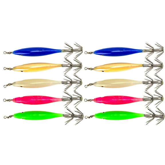 KUFptva 10Pcs Fluorescent Squid Jigs Shrimp Lures Baits Squid Jigs Glow Jigs Hook Freshwater Saltwater Fishing Artificial Baits