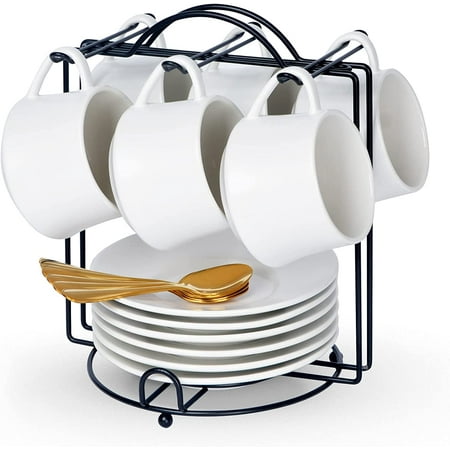 

Porcelain Cappuccino Cups with Saucers Spoons and Cup Stand - 7 Ounce Ceramic Coffee Cups for Americano Latte Cafe Mocha and Tea - Set of 6 White