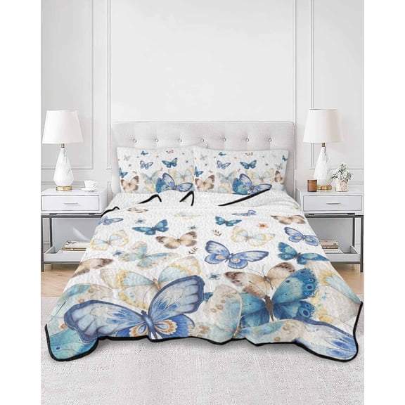 Quilts Queen Size, Blue Butterfly Farmhouse Soft Comforter Bedding Set for Bed, Spring Pastoral Butterflies Lightweight Quilted Bedspread with Pillow Cover(2 Pieces) for All Season, 90x96 Inch