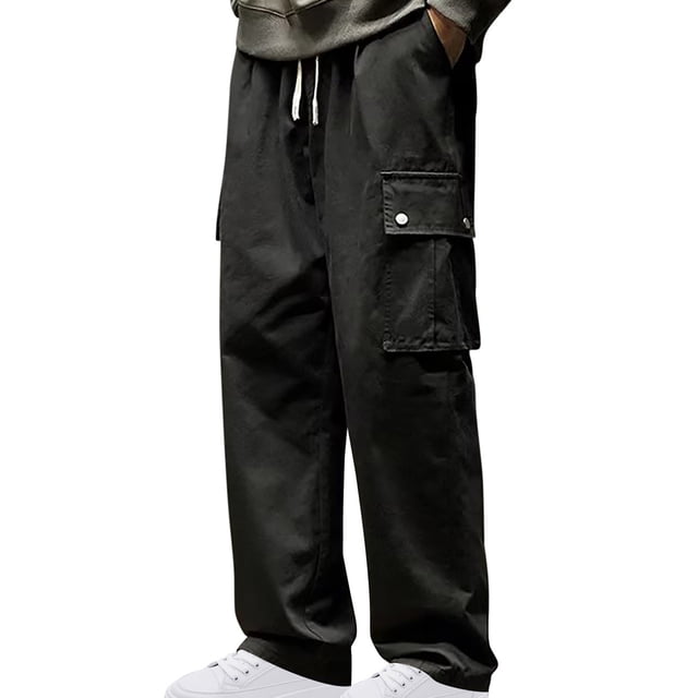 Mens Pants Mens Fashion Drawstring Elastic Waist Multi-Pocket Casual Sweat Length Pants