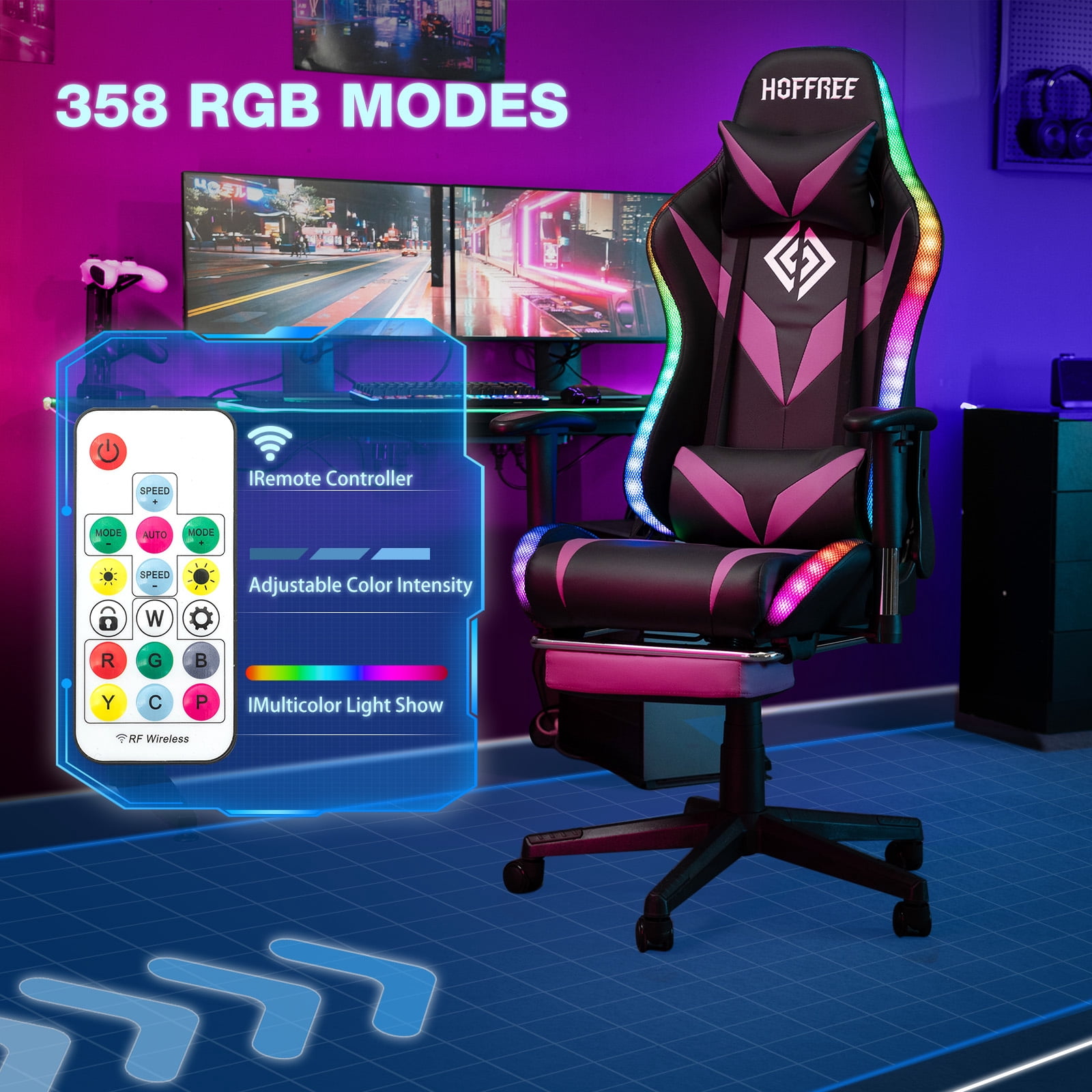 Hoffree Gaming Chair with Speakers Gamer Chair with Footrest and Massage Reclining Video Game Chair with Led Lights and Swivel Seat and Headrest and 2D Armrests for Adults