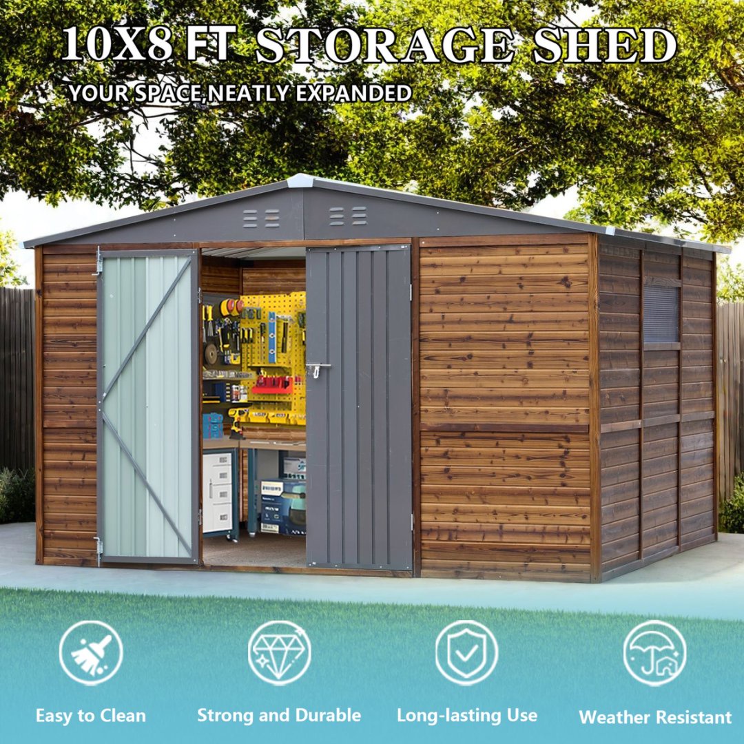 Fehomix 8x10 FT Outdoor Storage Shed, Metal and Wood Tool Shed with Wide Iron Doors & Windows, Weatherproof Garden Shed for Backyard, Lawn Mower & Large Equipment Storage