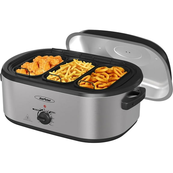 RoyalCraft Electric Roaster Oven, 24 QT Roaster with 3 Compartments and Self-Basting Lid, Turkey Roaster Oven with 150-450°F Full-Range Temperature Control, Removable Pan & Rack, Silver