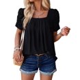 thumbnail image 2 of Women'S Hollow Pleated Short Sleeves Square Neck Casual Loose Solid Color Knit T Shirts Tops Blouses Black S, 2 of 9