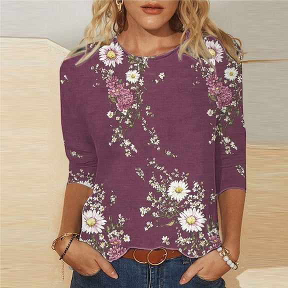 Jsaierl 3/4 Length Sleeve Tops for Women Dressy Casual Boho Floral Print Blouses Trendy Crew Neck T Shirts Summer Clothes
