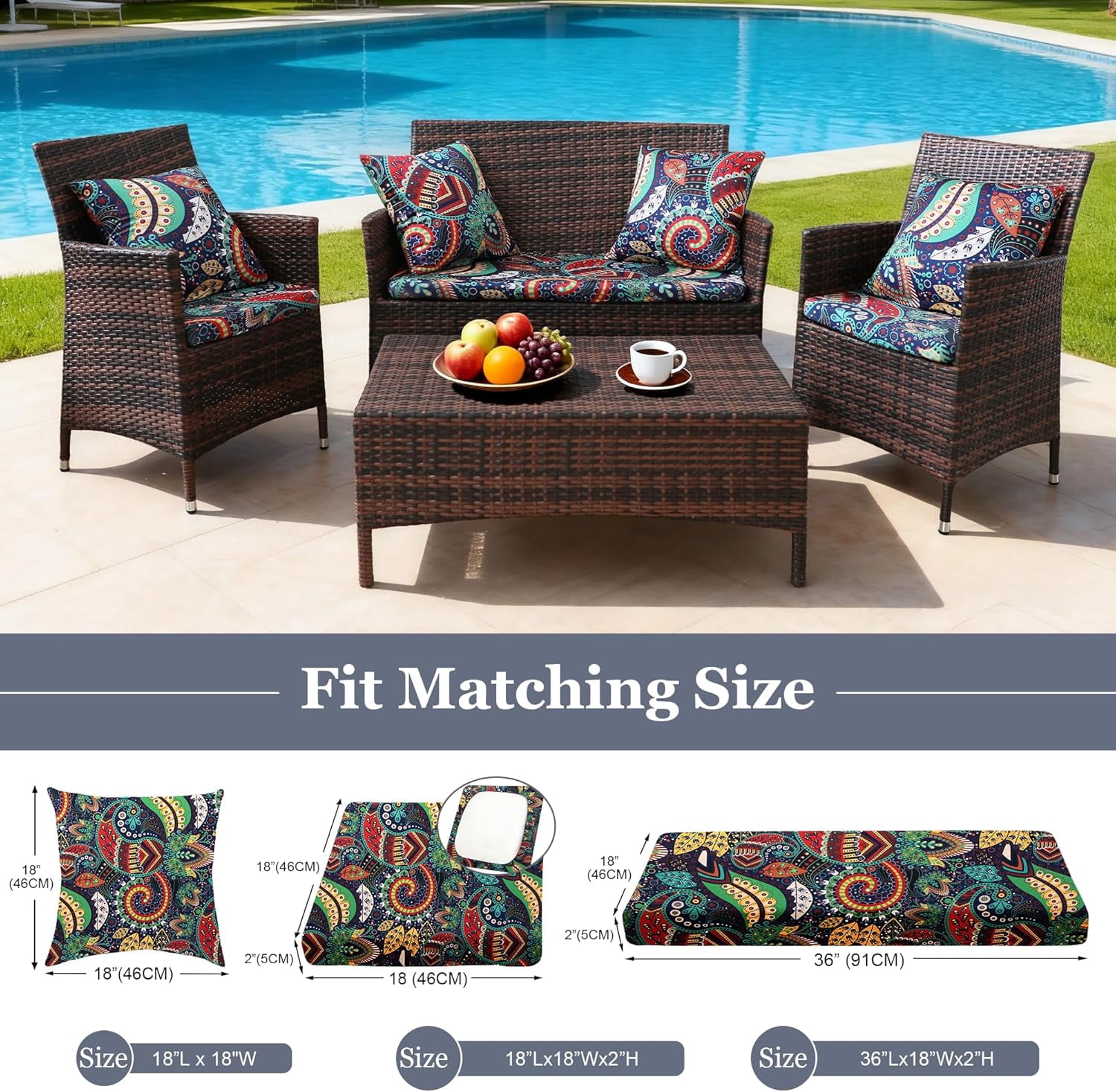 Waterproof 3-Piece Patio Sofa Cushion Cover Set - Replacement Covers for Outdoor Wicker Furniture, Bench & Seat Cushions with 4pcs Throw Pillow Cover