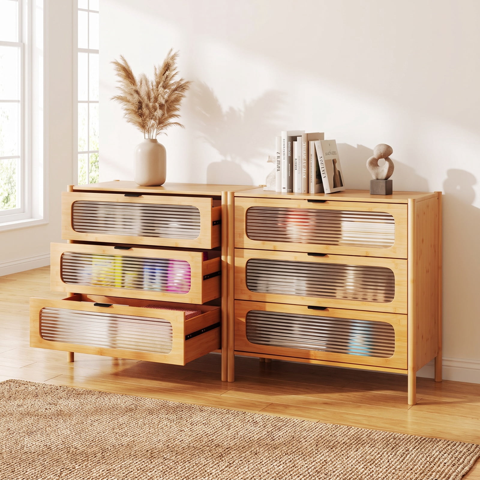 Furnibear 3 Drawer Mid Century Modern Chest of Drawers with Reeded Tempered Glass Front and Bamboo Frame for Bedroom Living Room, Natural