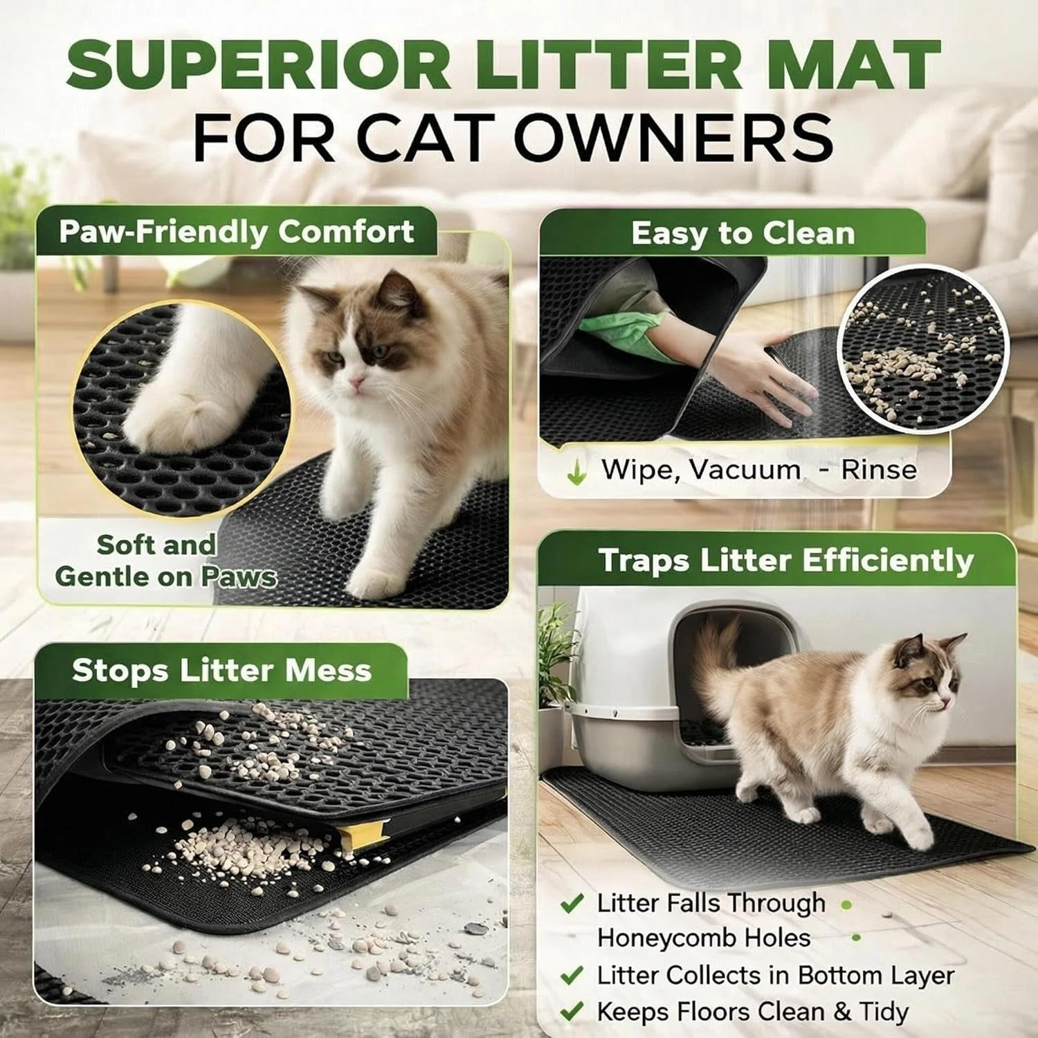 Cat Litter Mat Double Layer Litter Trapping Mat, Non-Slip Waterproof Urine Proof Easy Clean Kitty Litter Box Mat for Pet Floor Scatter Control (Black,30x22in-1 Pieces)