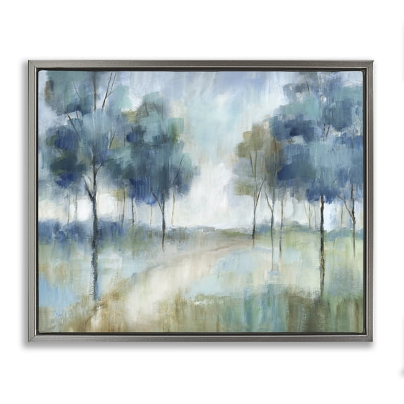 Stupell Industries Contemporary Abstract Blue Woodland Path Trees Gray Floating Frame Canvas Art, 31 x 25, by Nan