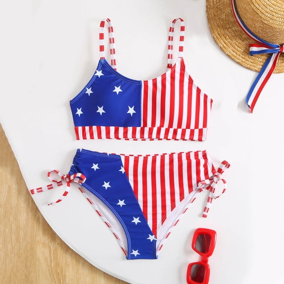 Girls Swimsuits 2 Piece 250Th Anniversary Bikini Set American Usa Print Swimwear Outfit Bathing Suit Red Size 10-11 Y