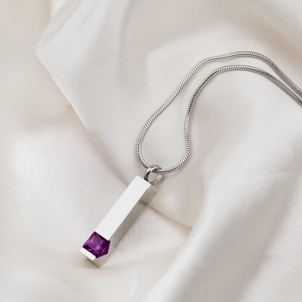 Cremation Jewelry Memorial Birthstone Bar Necklace Handcrafted Waterproof Human Ashes Urn Container with Free Funnel Kit and Velvet Jewelry Box [February]