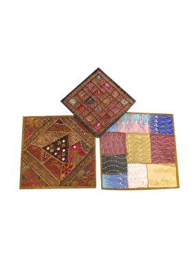 Mogul Set Of 3 Beautiful Indian Handmade Cushion Covers Vintage Patchwork Pillow Case 16X16