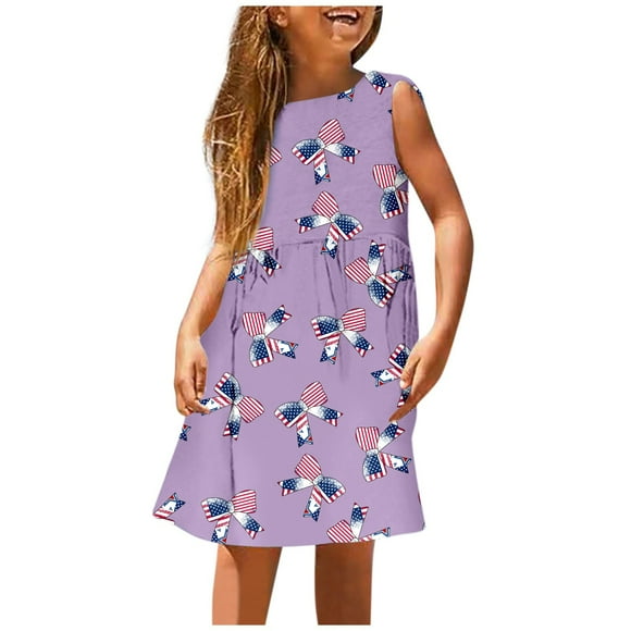 Utlike Summer Dress For Girls 4th Of July Sleeveless Dress Cute Patriotic American Flag Print A Line Stretchy Comfortable Casual Play Dress For Toddler Kids Versatile Sundress Size 5 Years-6 Years