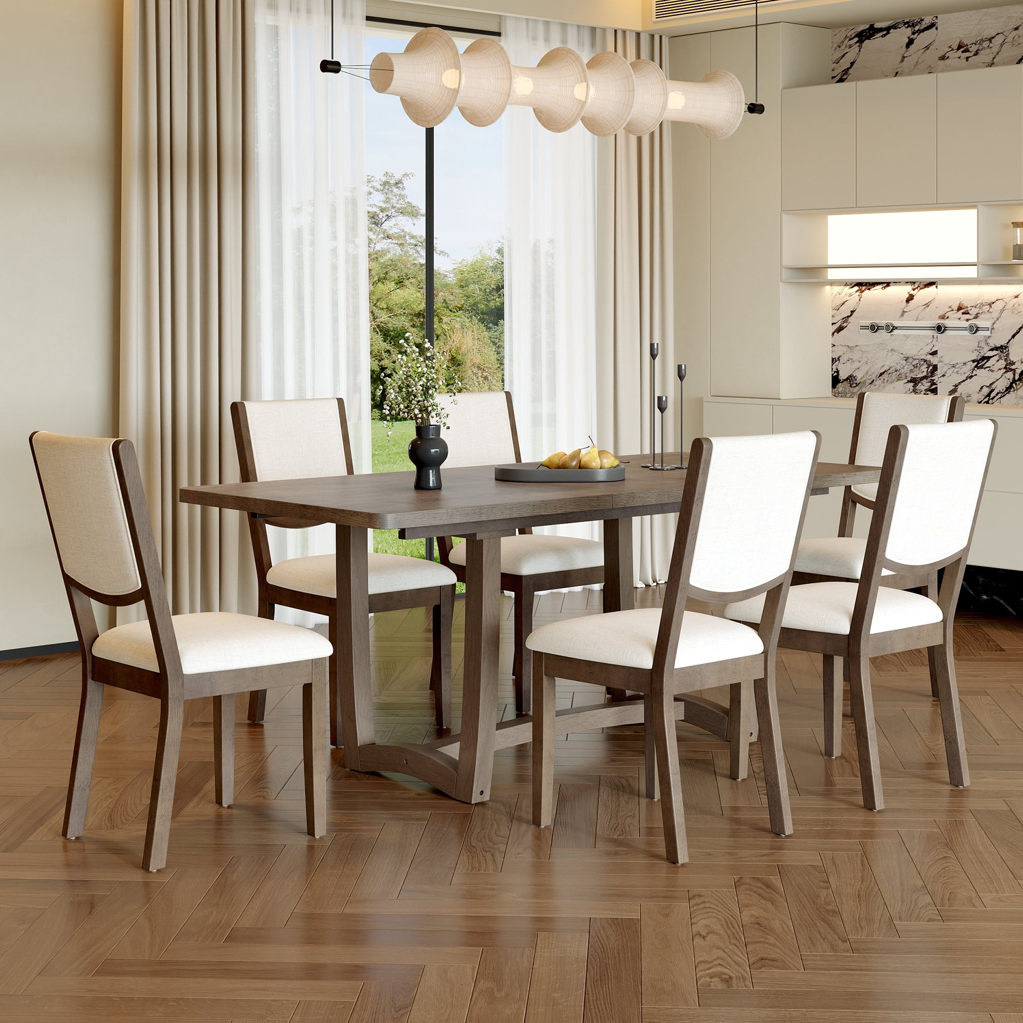 7-Piece Dining Table Set for 6, 60"-78" Rectangular Extendable Table with 6 Upholstered Chairs