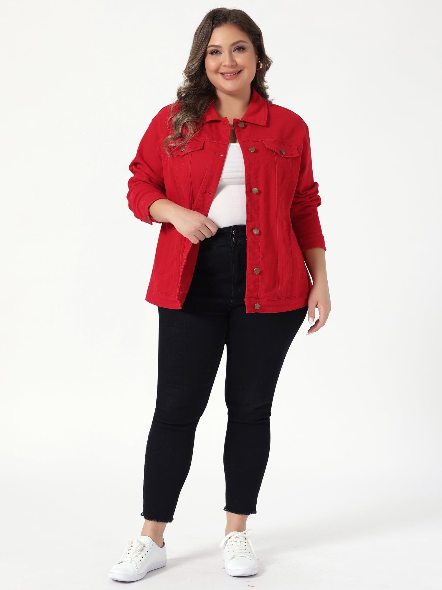 DARING DIVA Women's Plus Size Long Sleeve Button Front Washed Denim Jacket 4X Red