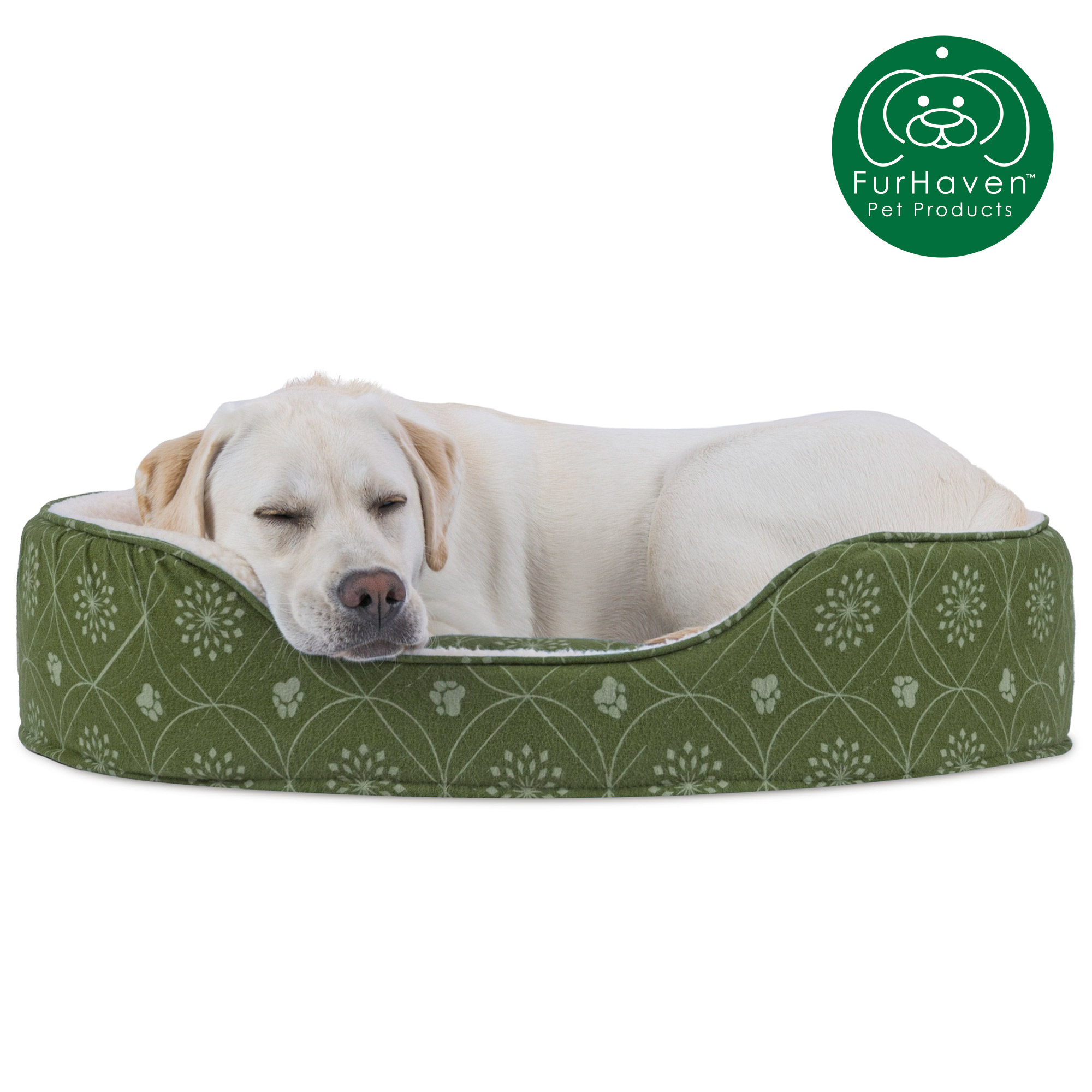 FurHaven Pet Dog Bed Print Flannel Oval Pet Bed for Dogs & Cats, Jade