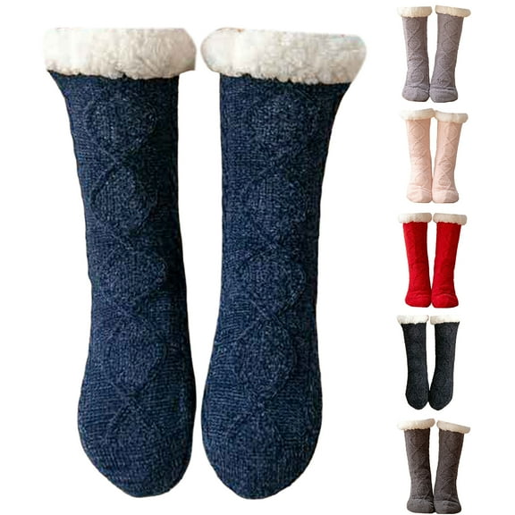 1 Pair Floor Socks Stretchy Thickened Mid-calf Non-slip Silicone Fuzzy Keep Warm Comfortable Winter Thermal Women Indoor Slipper Sleeping Socks for Home,Black
