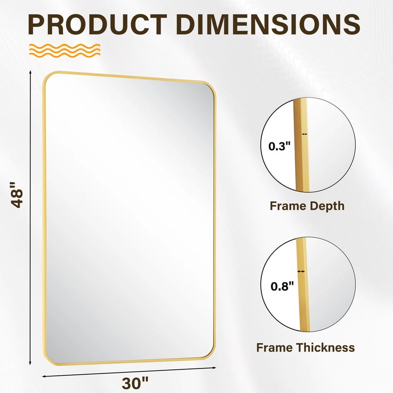 Easy4Home 48"x30" Rectangular Bathroom Mirror Hanging Rounded Corners Vanity Mirror Wall Mounted, Gold