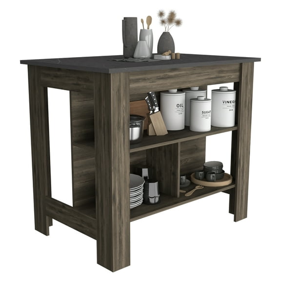 Knubmt Kitchen Island with 3 Open Shelves, Wood Island Table for Living Room, Dining Room, Kitchen, Brown