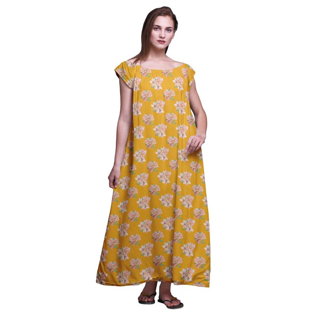 Bimba Robe Longue Maxi Imprimée pour Femmes en Rayonne, Vêtement de Nuit à Manches Courtes