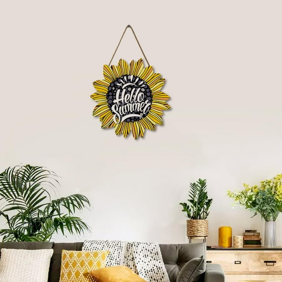 Sunflower Hello Summer Wood Door Hanger 12 Inch Large Wooden Flower Sign Inspirational Wall Porch Art Summer Fall Front Door Wreath Hanging for Bedroom Living Room Indoor Outdoor Kitchen Home Decor