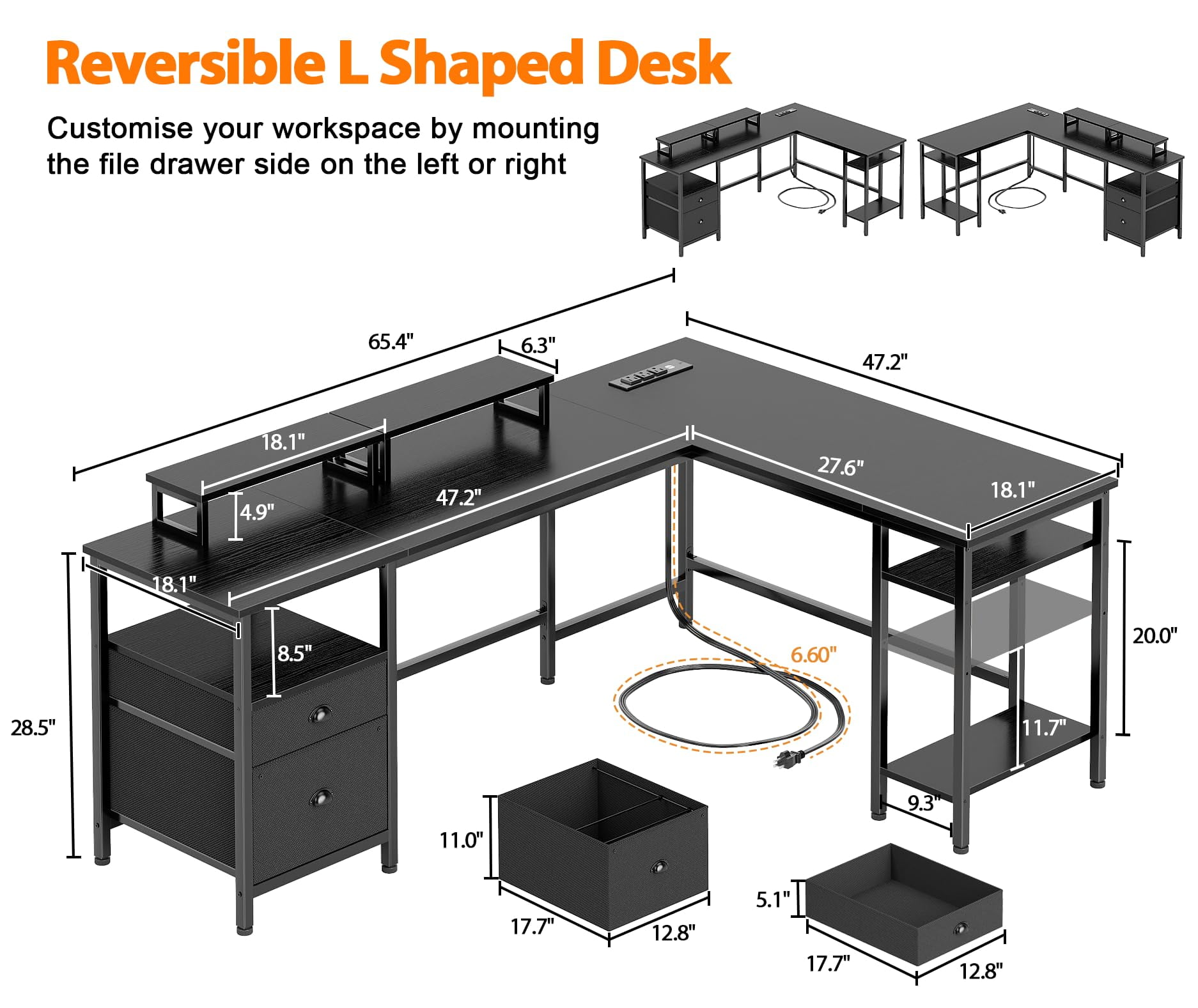 Furologee 66” L Shaped Desk with Power Outlet, Reversible Computer Gaming Desk with File Drawer & 2 Monitor Stands for Home Office with Storage Shelves, Black
