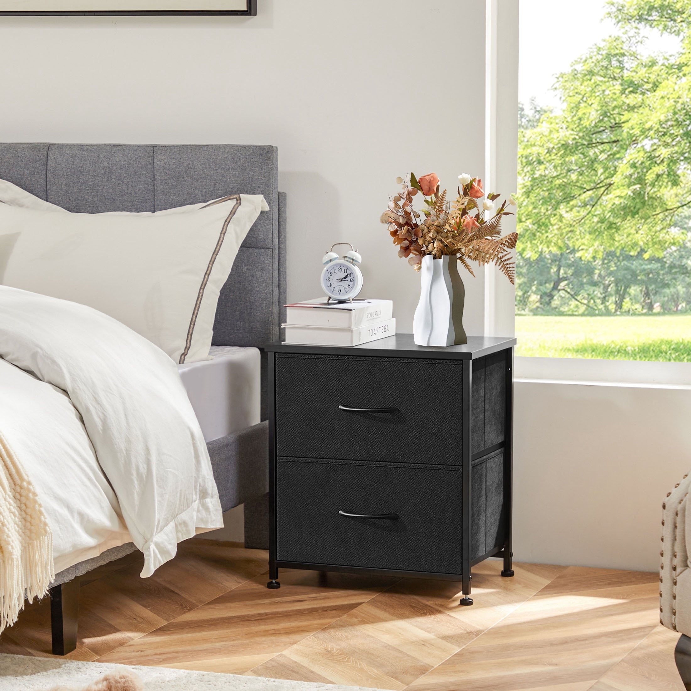 JOINSUN Bedside Table, Side Table, Fabric Narrow Drawer Cabinet, Chest of Drawers, Industrial Style for Living Room and Bedroom, Black