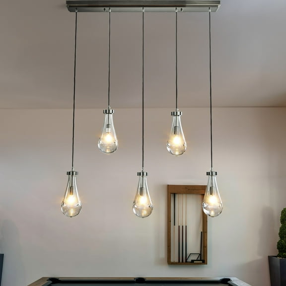 W39 In 5 Lights Modern Linear Teardrop Chandelier with Clear Glass Rustic Rectangular Raindrop Kitchen Island Chandelier in Black Nickel for Dining Room