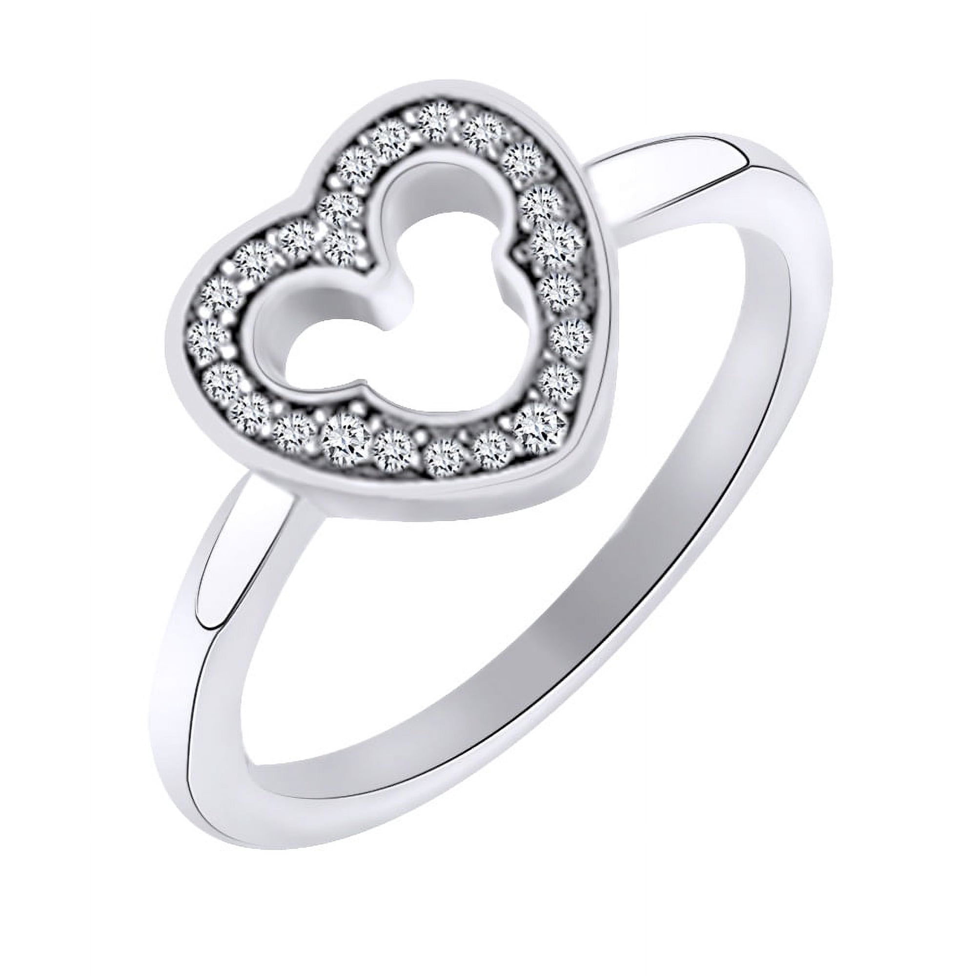 AFFY 1/10 Cttw Round Cut White Natural Diamond Micky Mouse Heart Promise Ring In 14K White Gold Over Sterling Silver, Ring Size:4