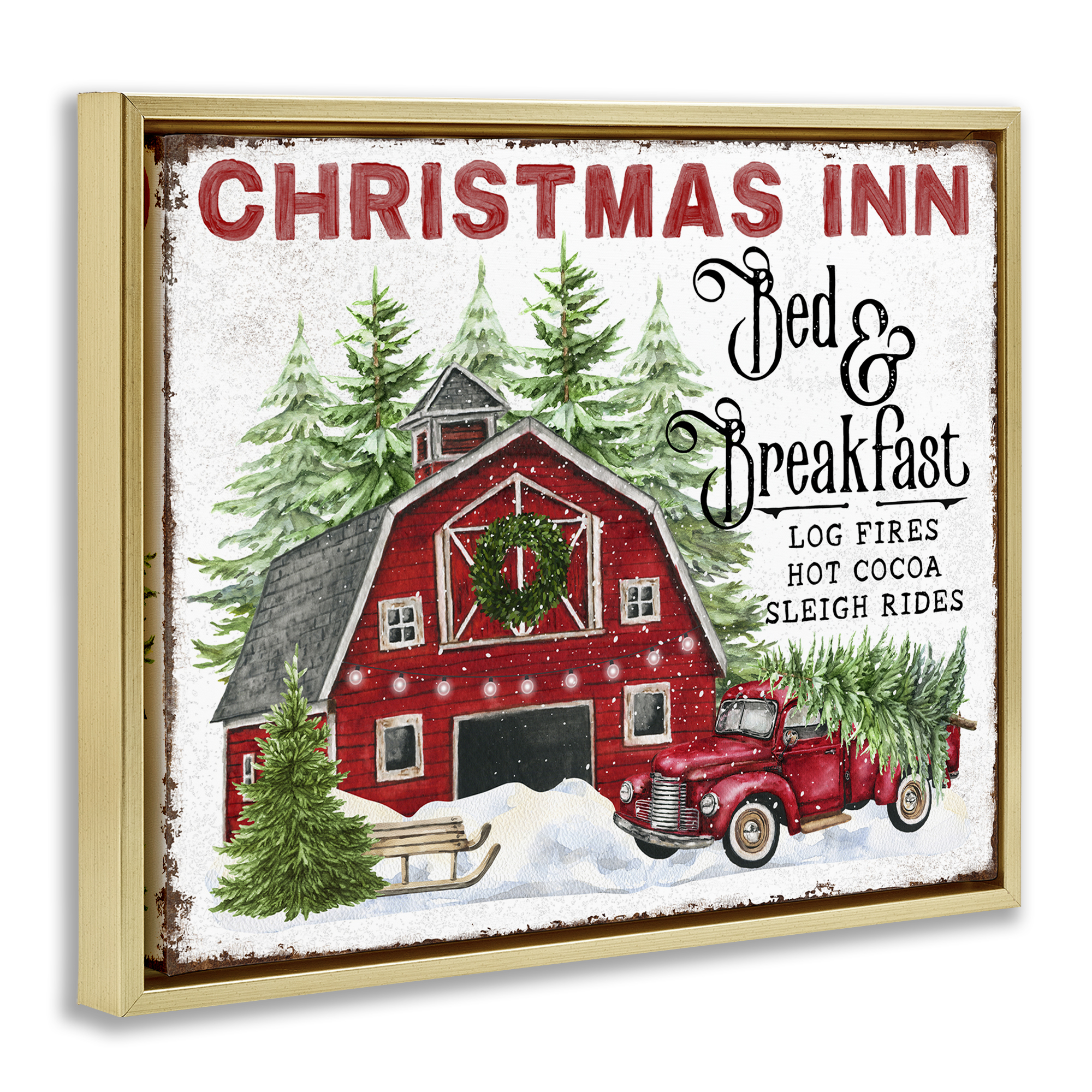 Stupell Industries Christmas Inn Shop Holiday Painting Gold Floater Framed Canvas Art Prints Wall Art, 21 x 17