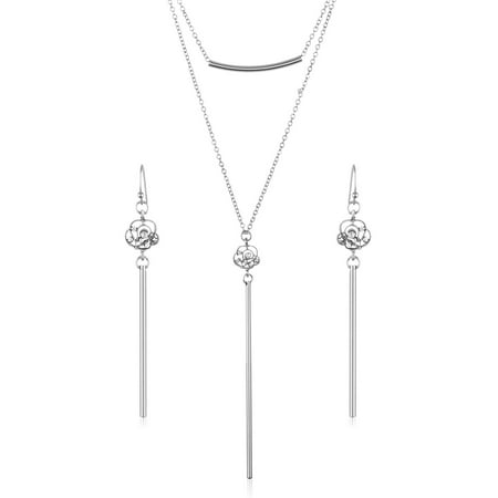 Crystal Rose Double Layer Bar Necklace and Earrings Jewelry Set