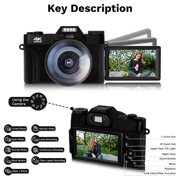 4K Vlogging Camera for YouTube 48MP Digital Camera for Photography with 180°Flip Screen, 16X Digital Zoom Manual Focus Students Camera, Wide Angle & Macro Lens, 64GB SD Card, 2 Batteries (black)