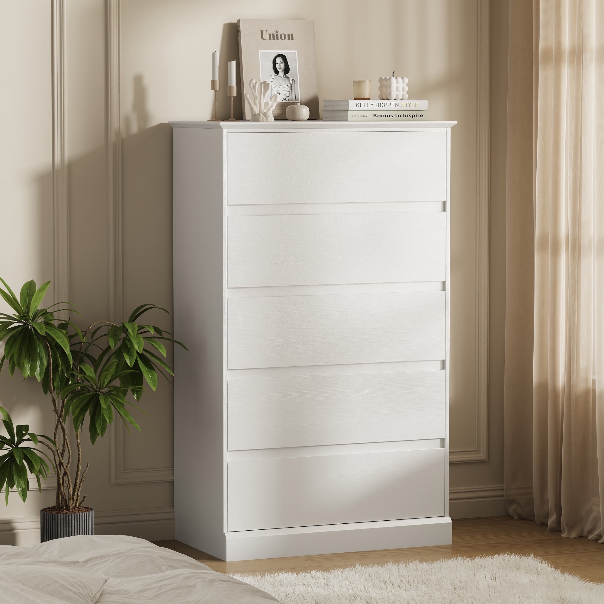 White 5 Drawers Dresser for Bedroom, Modern Chest of Drawers, Wood Storage Dresser with Deep Drawers for Living Room Hallway Entryway,