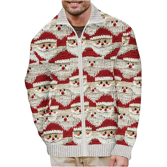 SERTG Men Christmas Tops Fashion Christmas Print Hoodless Casual Coat Holiday Lapel Collar Zip Shirt Long Sleeve Cardigan Pullover(Beige,L)