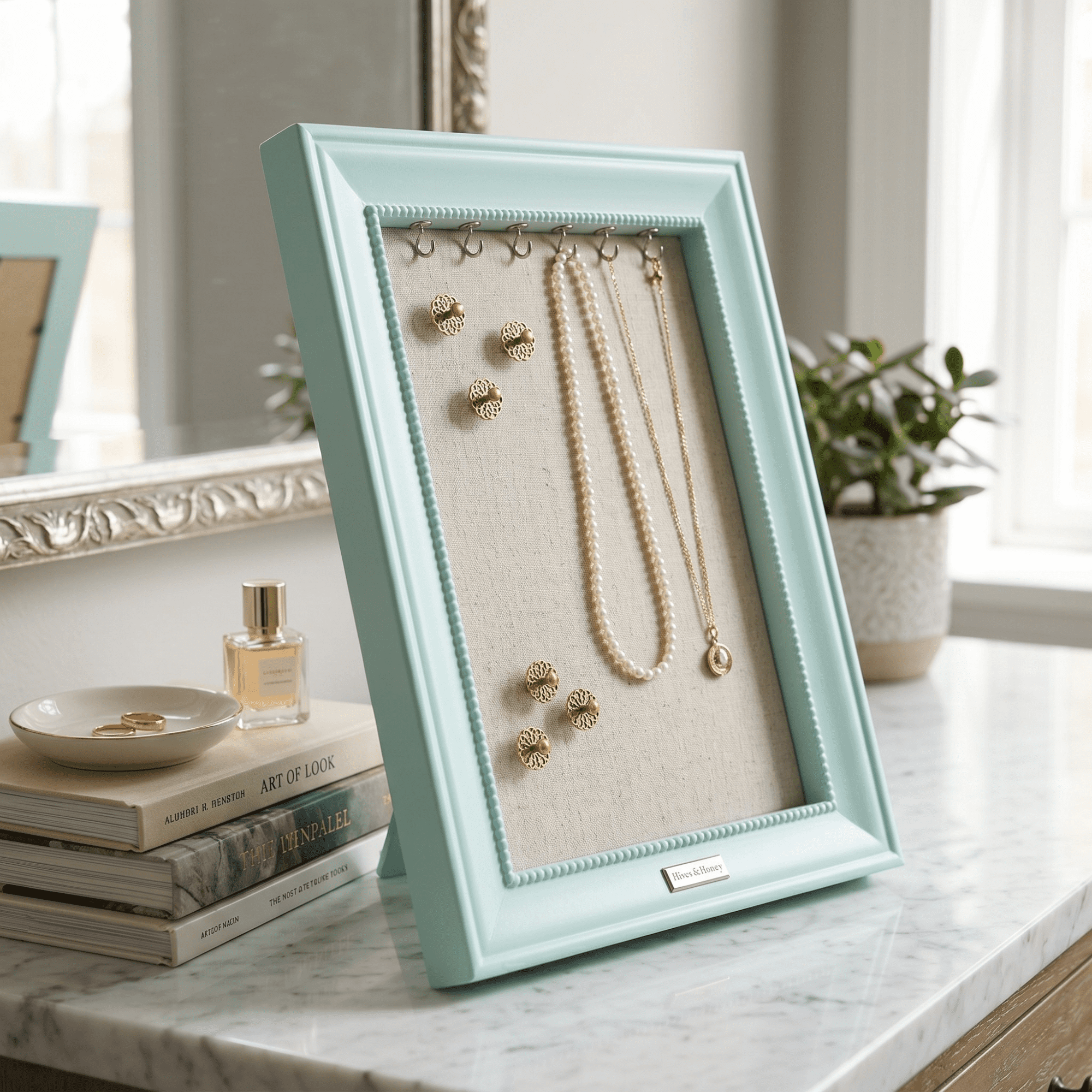 Hives and Honey Women's Medium 15" x 12" Seafoam Jewelry Frame Organizer with Necklace Hooks and Linen Pinboard