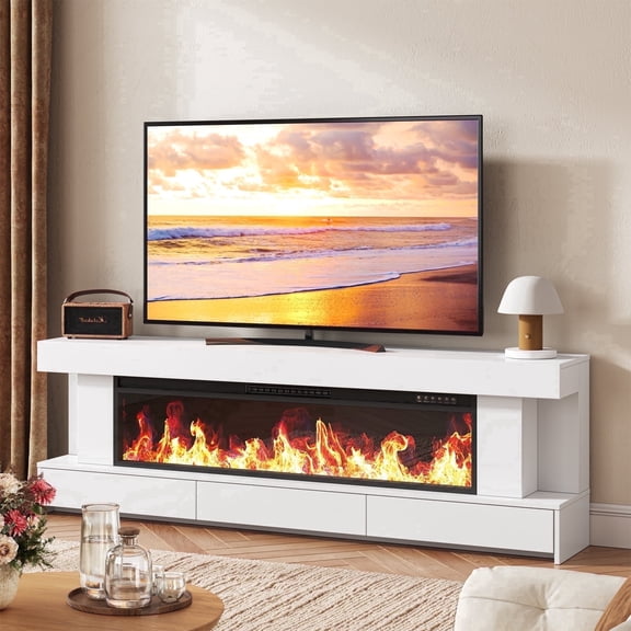 FOUHIU 66.2" Fireplace TV Stand for TVs up to 75", Heated Entertainment Center with Electric Fireplace for Living Room, White