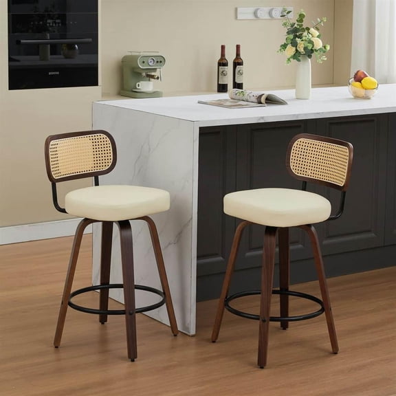 Topcobe 26" Rattan Bar Stools, Upholstered Seat, Cane Back, Swivel Counter Stools in Walnut Finish, Perfect for Kitchen Island, Bar, Counter, Beige Upholstery