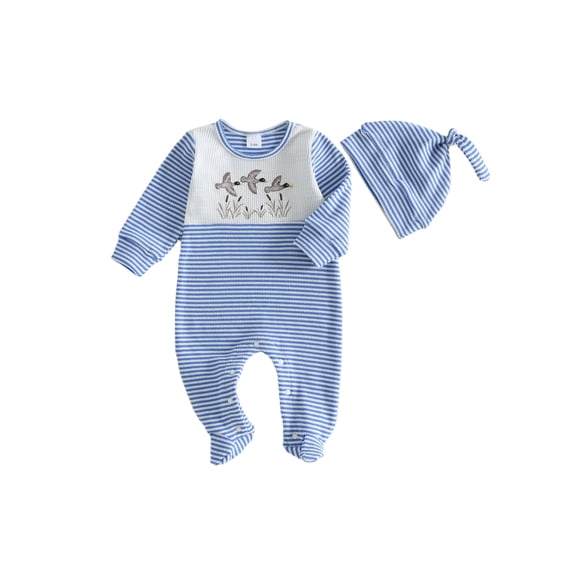 RUINIXCW Baby Boy Duck Outfit Newborn Baby Boys Hospital Going Home Outfit Spring Fall Winter Clothes Waffled Stripe Footed Romper Embroidery Long Sleeve Footie Jumpsuit Hat