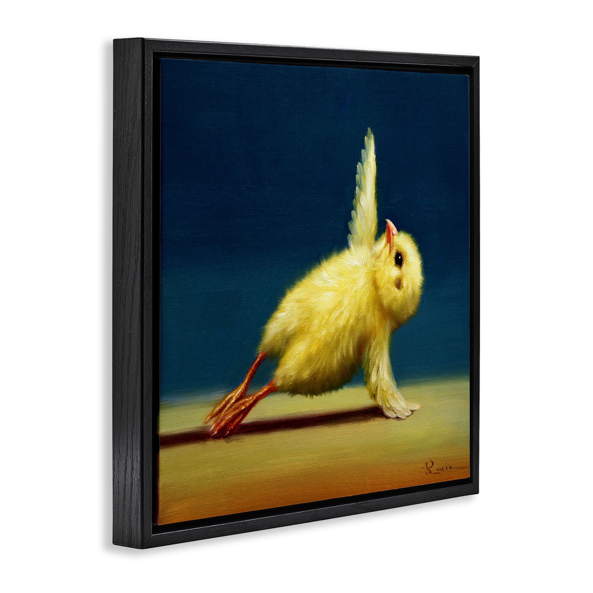 Stupell Industries Yellow Chick Stretching Yoga Animals & Insects Painting Black Floater Framed Canvas Art Print Wall Art, 25 x 25